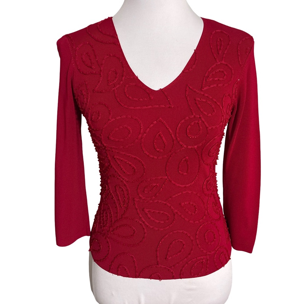 Venini Red Embroidered Textured V Neck Blouse